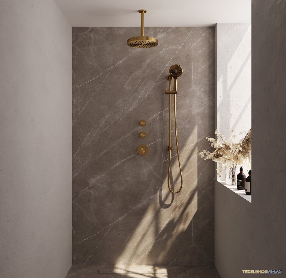 Brauer Stripe thermostatische inbouw regendouche SET 12 met 25 cm douchekop en plafondarm en 3-standen handdouche en doucheslang en geintegreerde glijstang goud geborsteld PVD – afbeelding 2