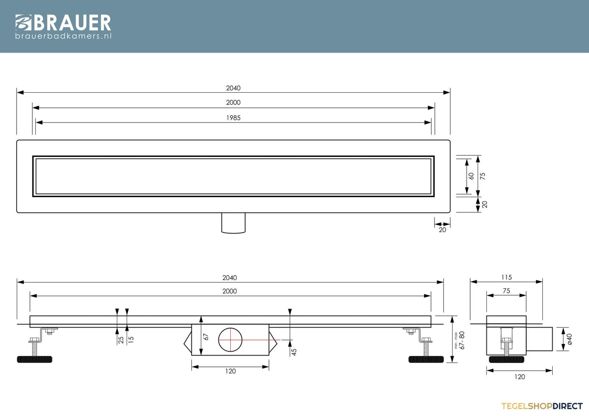 Douchegoot Brauer Zero RVS Inclusief Vloerflens 200x7 cm Tegelinlegrooster Omkeerbaar – afbeelding 5