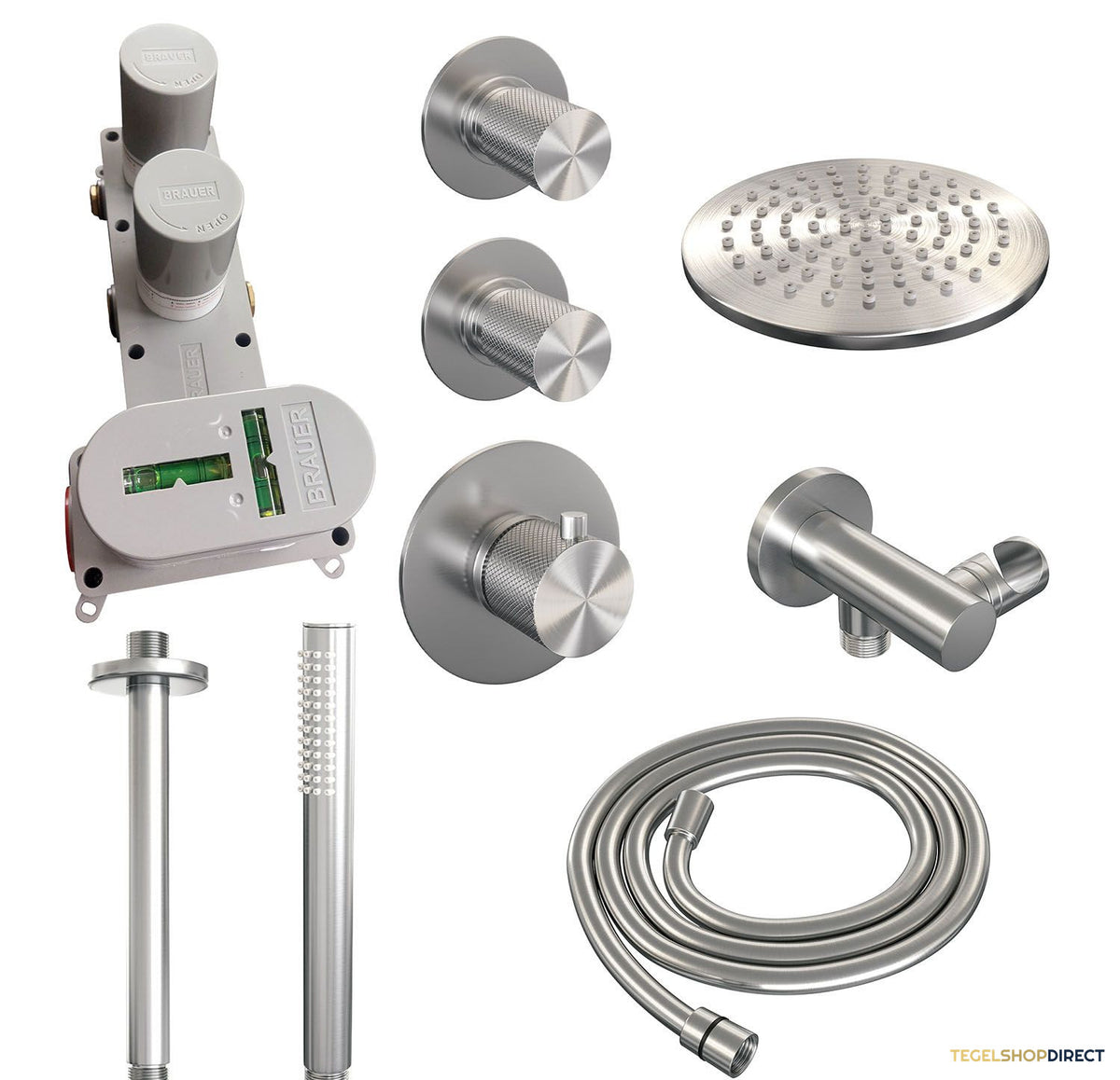Regendoucheset Inbouw Brauer Brushed Carving Thermostatisch 20cm met Plafondarm en Handdouche Staaf Losse Stopkranen Geborsteld RVS – afbeelding 3