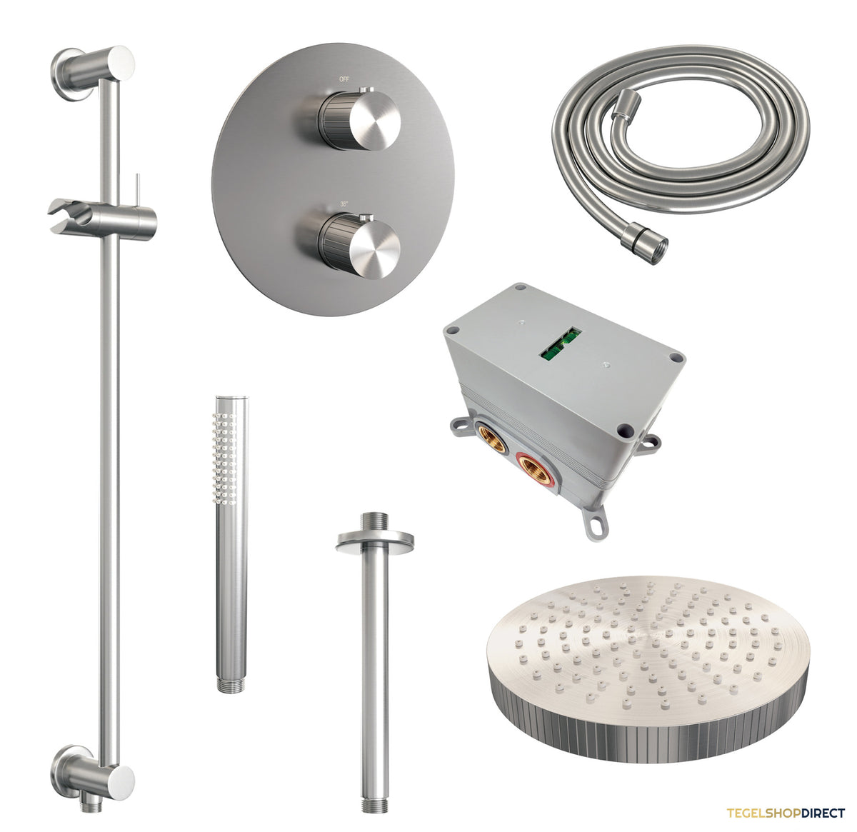 Brauer Stripe thermostatische inbouw regendouche 3-weg rond SET 45 met 25 cm douchekop en plafondarm en staaf handdouche en doucheslang en geintegreerde glijstang RVS-kleurig geborsteld PVD – afbeelding 3