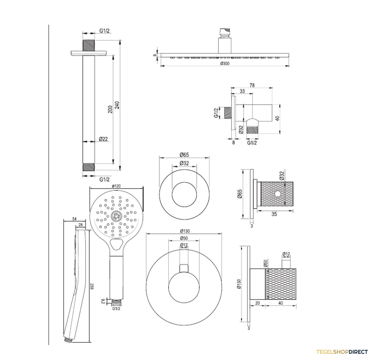 Regendoucheset Inbouw Brauer Brushed Carving Thermostatisch 30cm met Plafondarm en Handdouche 3-Standen Losse Stopkranen Geborsteld RVS – afbeelding 13