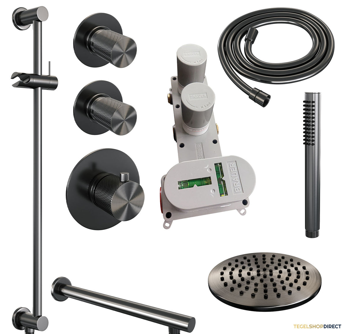 Regendoucheset Inbouw Brauer Gunmetal Carving Thermostatisch 20cm met Wandarm, Glijstang en Handdouche Staaf Losse Stopkranen Geborsteld Gunmetal – afbeelding 4