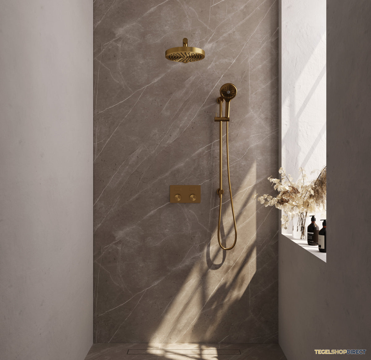 Brauer Stripe thermostatische inbouw regendouche met drukknoppen SET 34 met 25 cm douchekop en rechte muurarm en 3-standen handdouche en doucheslang en geintegreerde glijstang goud geborsteld PVD – afbeelding 2