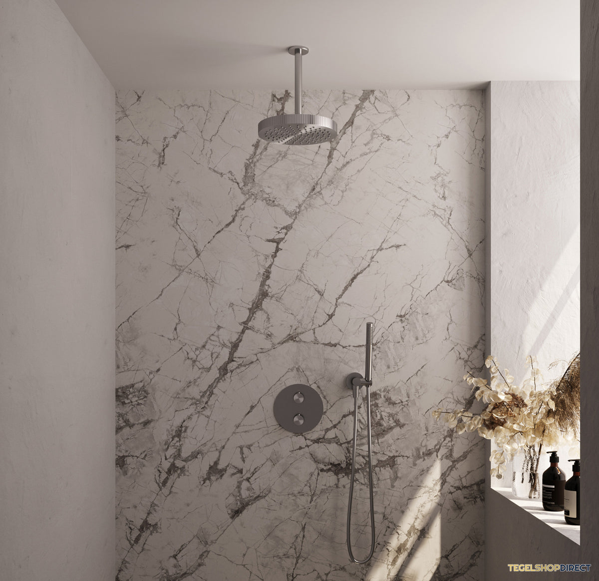 Brauer Stripe thermostatische inbouw regendouche 3-weg rond SET 39 met 25 cm douchekop en plafondarm en staaf handdouche en doucheslang en wandaansluitbocht RVS-kleurig geborsteld PVD