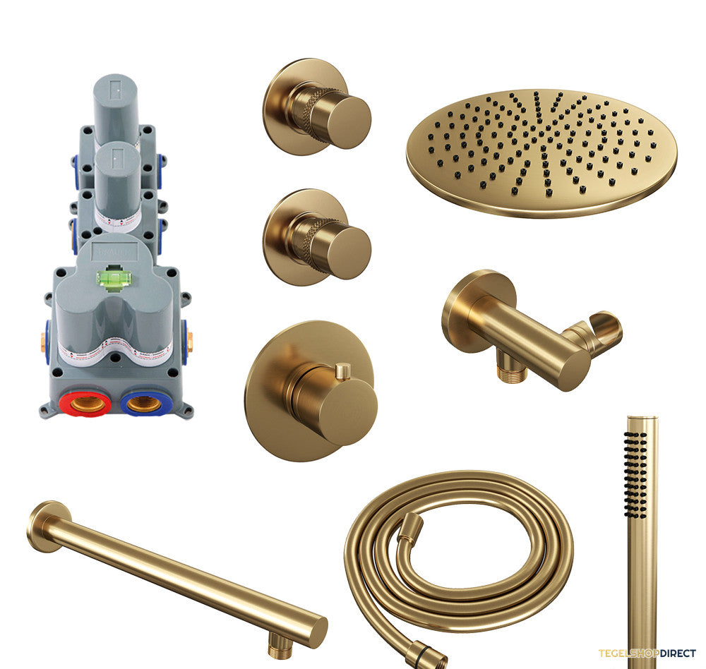 Regendoucheset Inbouw Brauer Gold Edition Thermostatisch 30cm met Wandarm en Handdouche Staaf Losse Stopkranen Geborsteld Goud – afbeelding 2