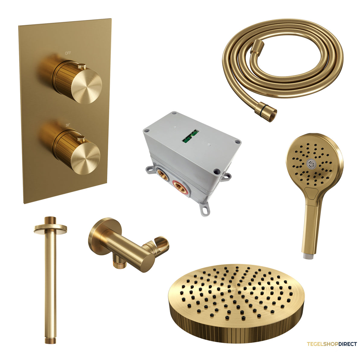 Brauer Stripe thermostatische inbouw regendouche 3-weg rechthoekig SET 18 met 25 cm douchekop en plafondarm en 3-standen handdouche en doucheslang en wandaansluitbocht goud geborsteld PVD – afbeelding 3