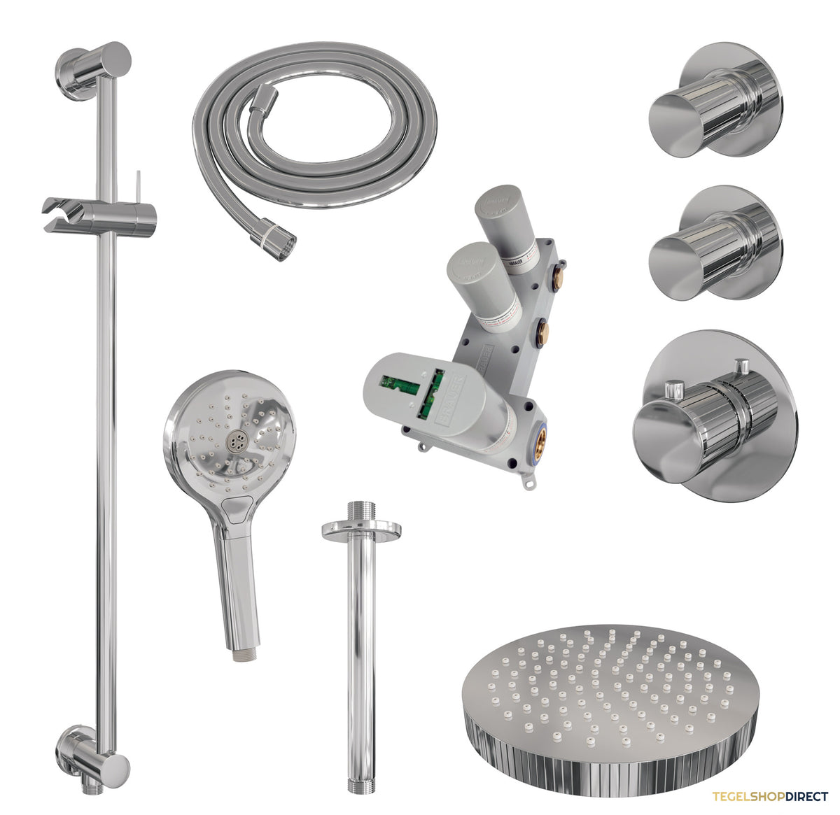 Brauer Stripe thermostatische inbouw regendouche SET 12 met 25 cm douchekop en plafondarm en 3-standen handdouche en doucheslang en geintegreerde glijstang chroom – afbeelding 3