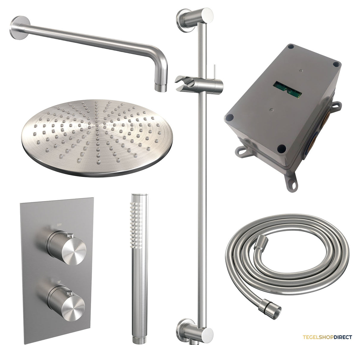 Regendoucheset Inbouw Brauer Brushed Carving Thermostatisch 30cm met 3-Weg Omstelling, Gebogen Wandarm, Glijstang en Staaf Handdouche Geborsteld RVS – afbeelding 3