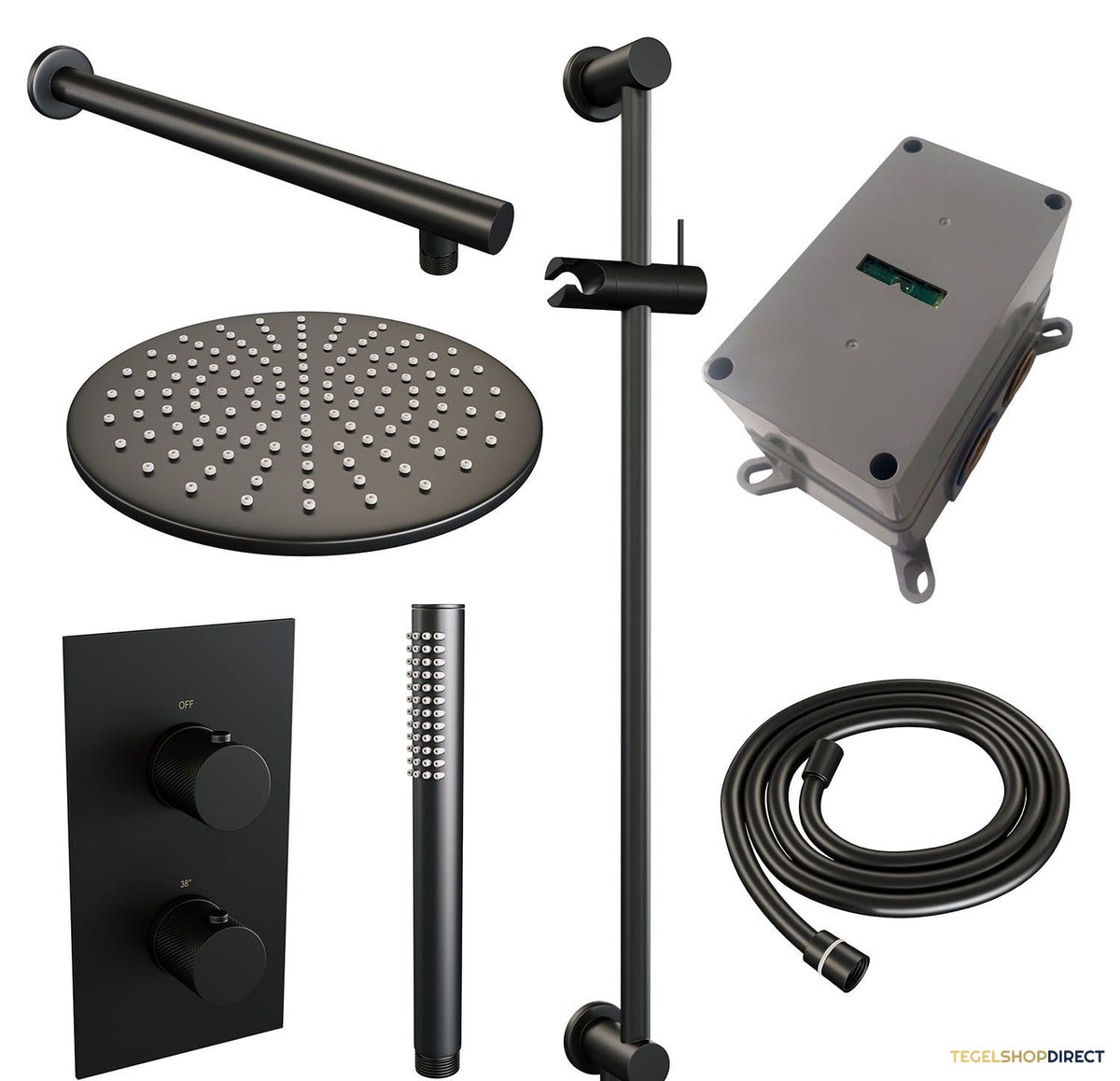 Regendoucheset Inbouw Brauer Black Carving Thermostatisch 30cm met 3-Weg Omstelling, Wandarm, Glijstang en Staaf Handdouche Mat Zwart – afbeelding 3