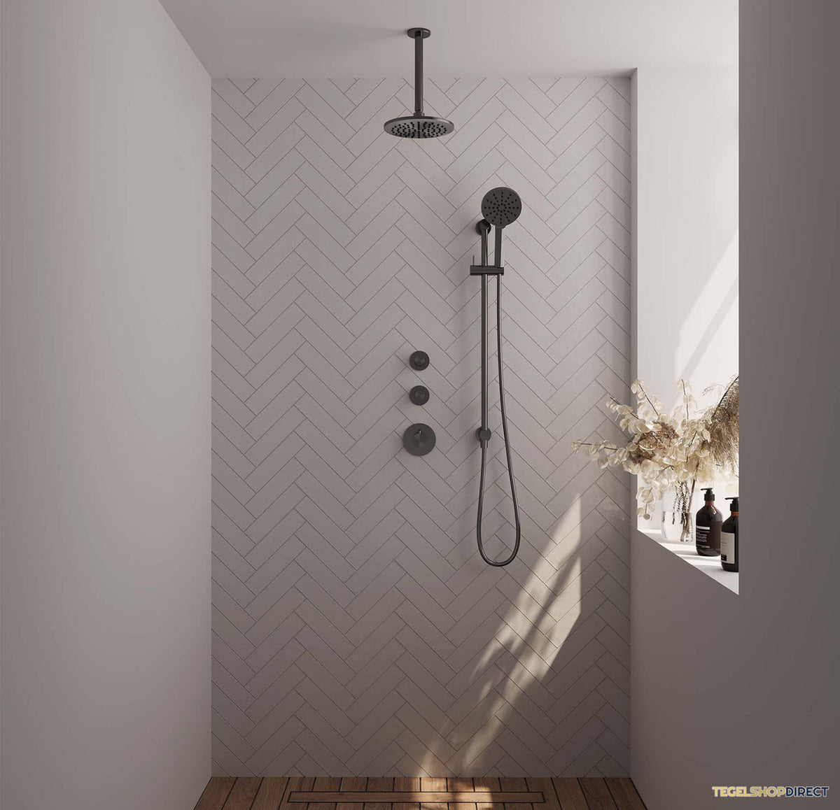 Regendoucheset Inbouw Brauer Gunmetal Carving Thermostatisch 20cm met Plafondarm, Glijstang en Handdouche 3-Standen Losse Stopkranen Geborsteld Gunmetal – afbeelding 2
