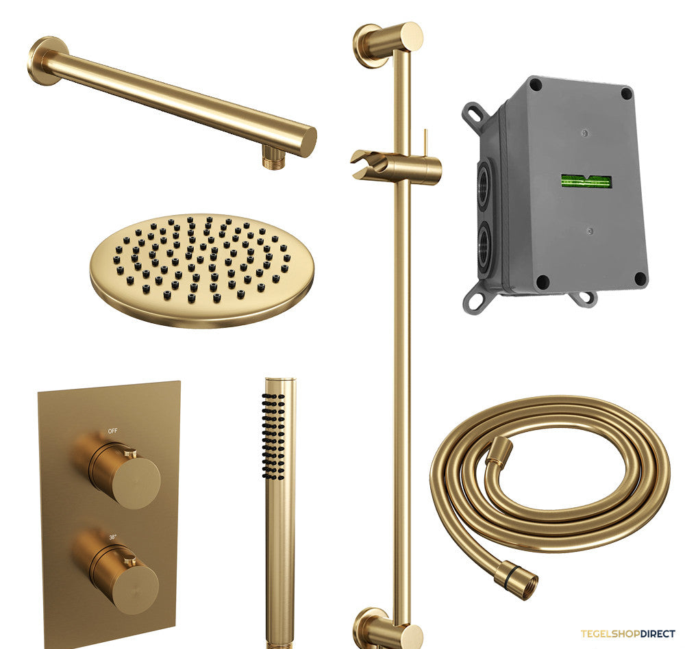 Regendoucheset Inbouw Brauer Gold Edition Thermostatisch 20cm met 3-Weg Omstelling, Wandarm, Glijstang en Staaf Handdouche Geborsteld Goud – afbeelding 2