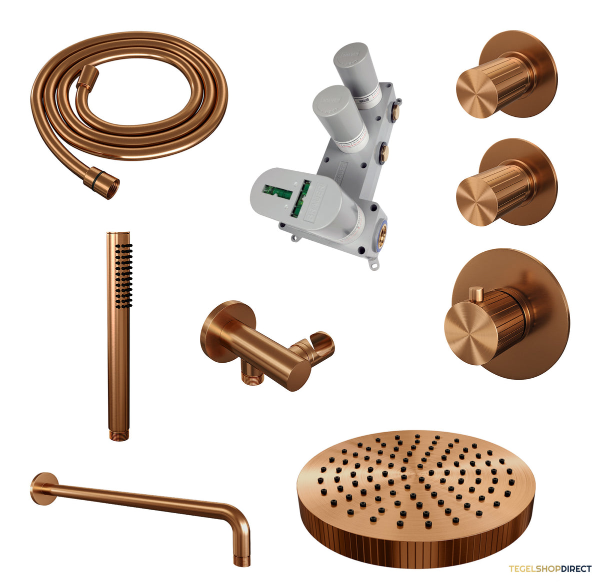 Brauer Stripe thermostatische inbouw regendouche SET 02 met 25 cm douchekop en gebogen muurarm en staaf handdouche en doucheslang en wandaansluitbocht koper geborsteld PVD – afbeelding 3