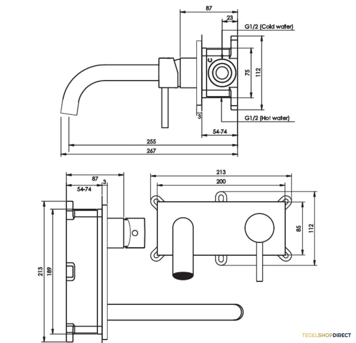 Inbouw Wastafelmengkraan Brauer Gunmetal Edition Coldstart Gebogen Uitloop Korte Ronde Hendel Rechts Geborsteld Gunmetal PVD Met Afdekplaat – afbeelding 3