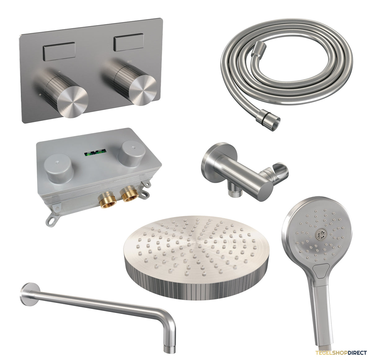 Brauer Stripe thermostatische inbouw regendouche met drukknoppen SET 29 met 25 cm douchekop en gebogen muurarm en 3-standen handdouche en doucheslang en wandaansluitbocht RVS-kleurig geborsteld PVD – afbeelding 3