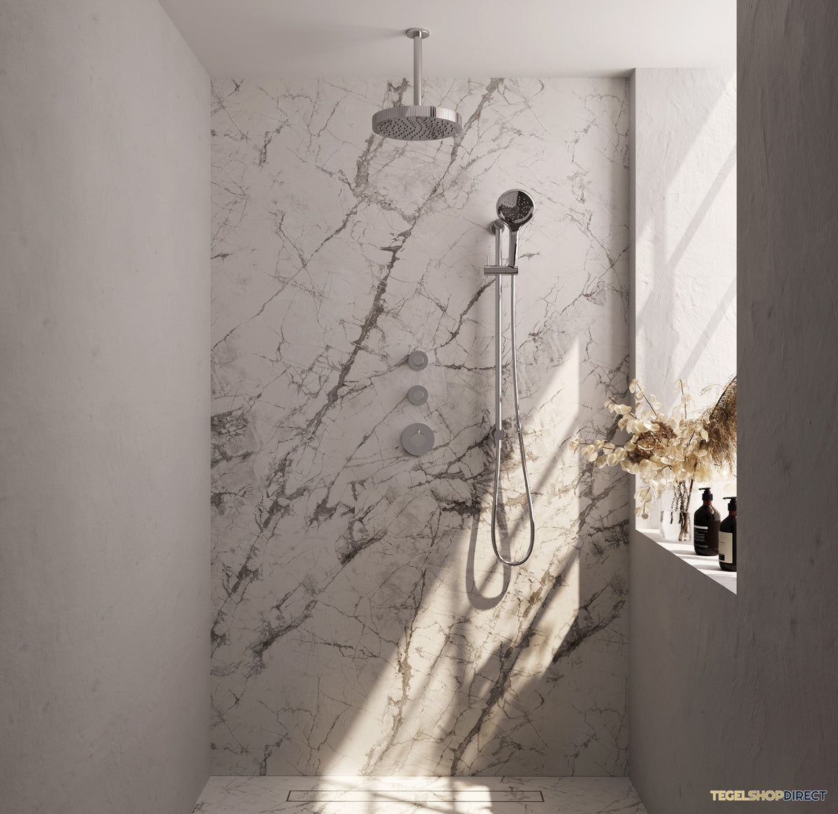 Brauer Stripe thermostatische inbouw regendouche SET 12 met 25 cm douchekop en plafondarm en 3-standen handdouche en doucheslang en geintegreerde glijstang chroom – afbeelding 2