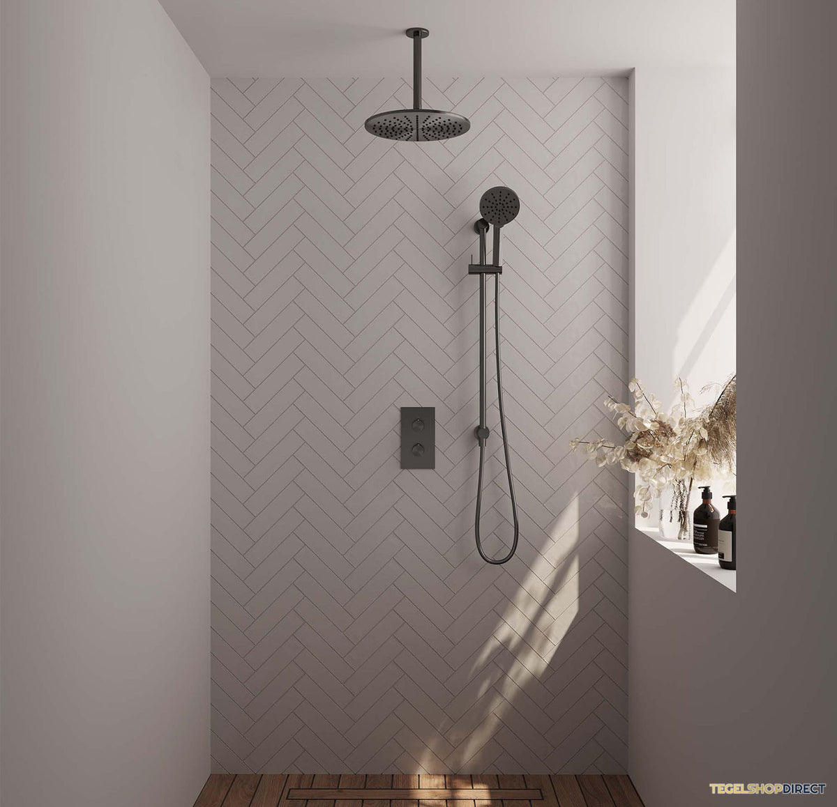 Regendoucheset Inbouw Brauer Gunmetal Carving Thermostatisch 30cm met 3-Weg Omstelling, Plafondarm, Glijstang en Handdouche 3-Standen Geborsteld Gunmetal – afbeelding 2