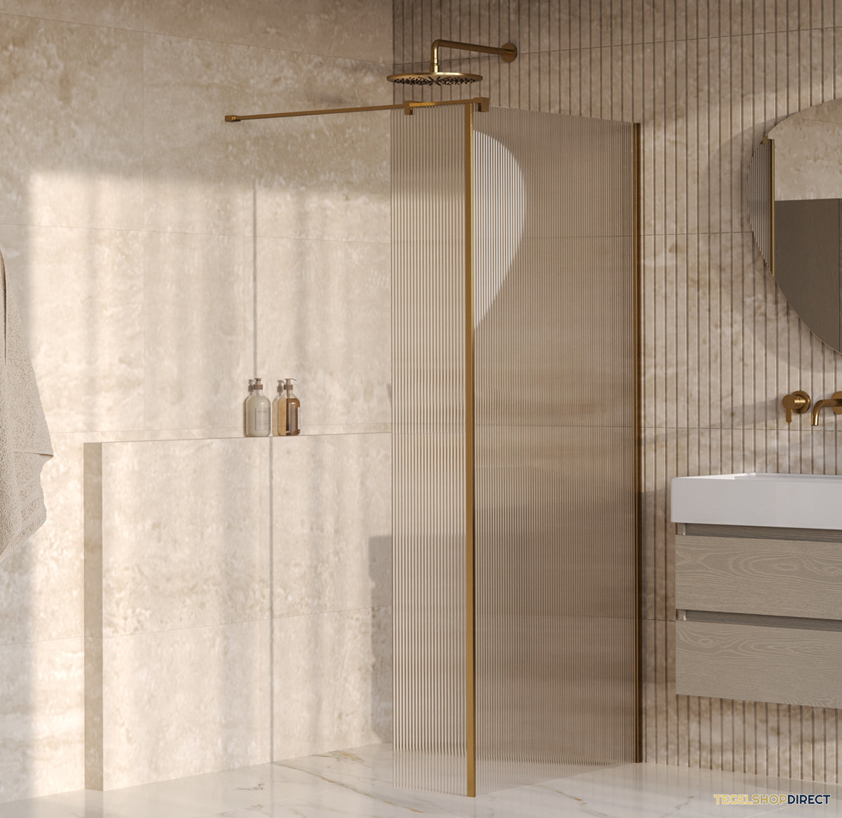 BRAUER Oblivion Flow inloopdouche helder ribbelglas 90x200 met zijwand 30 incl. glascoating Geborsteld Goud PVD