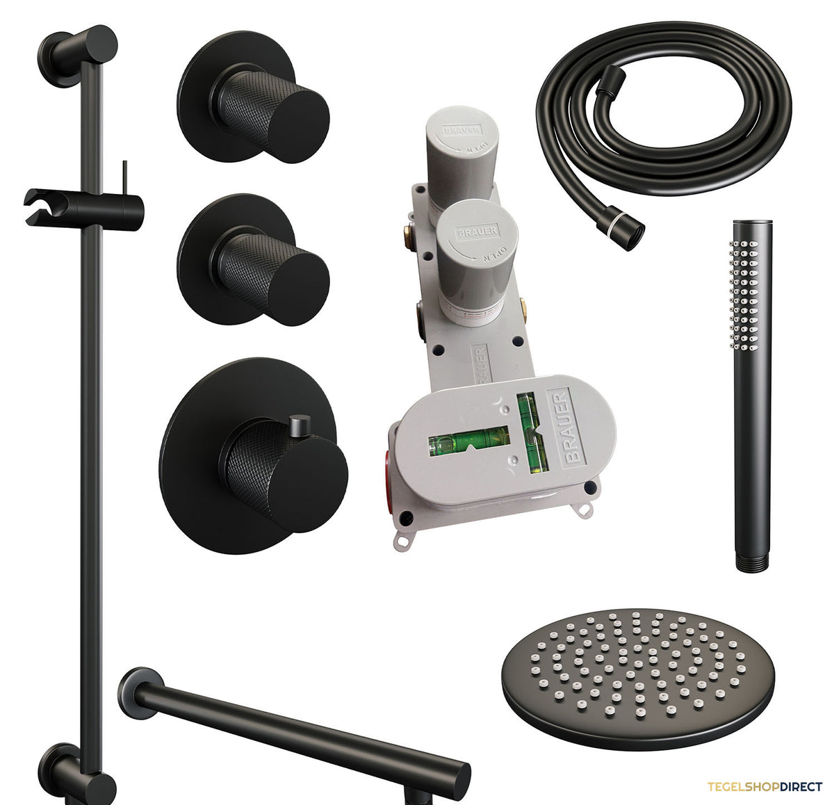 Regendoucheset Inbouw Brauer Black Carving Thermostatisch 20cm met Wandarm, Glijstang en Handdouche Staaf Losse Stopkranen Mat Zwart – afbeelding 3