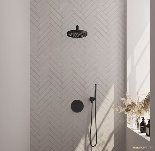 Brauer Stripe thermostatische inbouw regendouche 3-weg rond SET 37 met 25 cm douchekop en rechte muurarm en staaf handdouche en doucheslang en wandaansluitbocht mat zwart