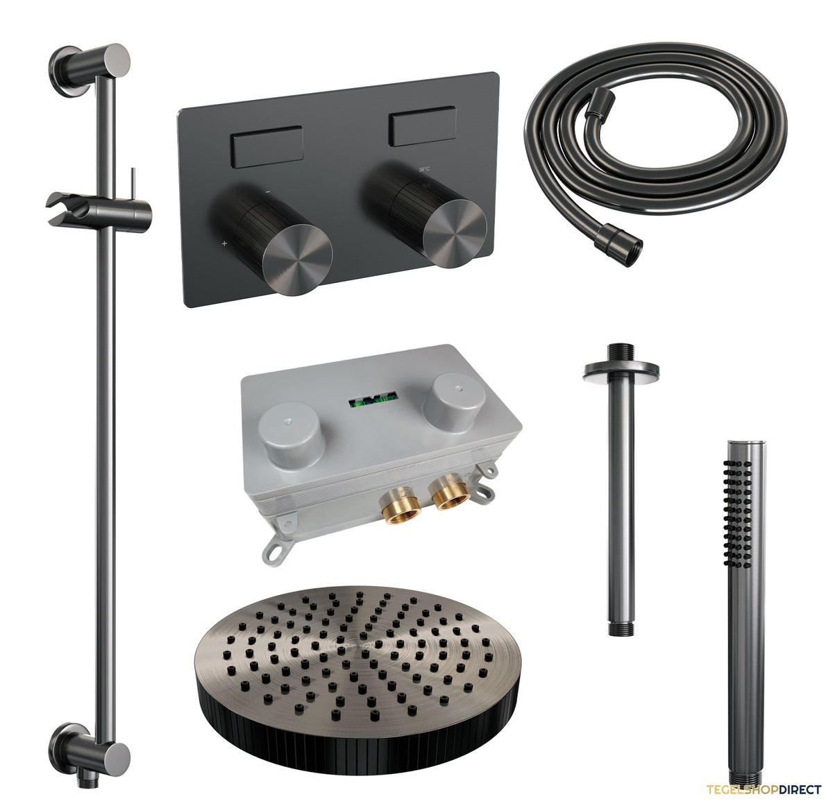 Brauer Stripe thermostatische inbouw regendouche met drukknoppen SET 33 met 25 cm douchekop en plafondarm en staaf handdouche en doucheslang en geintegreerde glijstang gunmetal geborsteld PVD – afbeelding 3