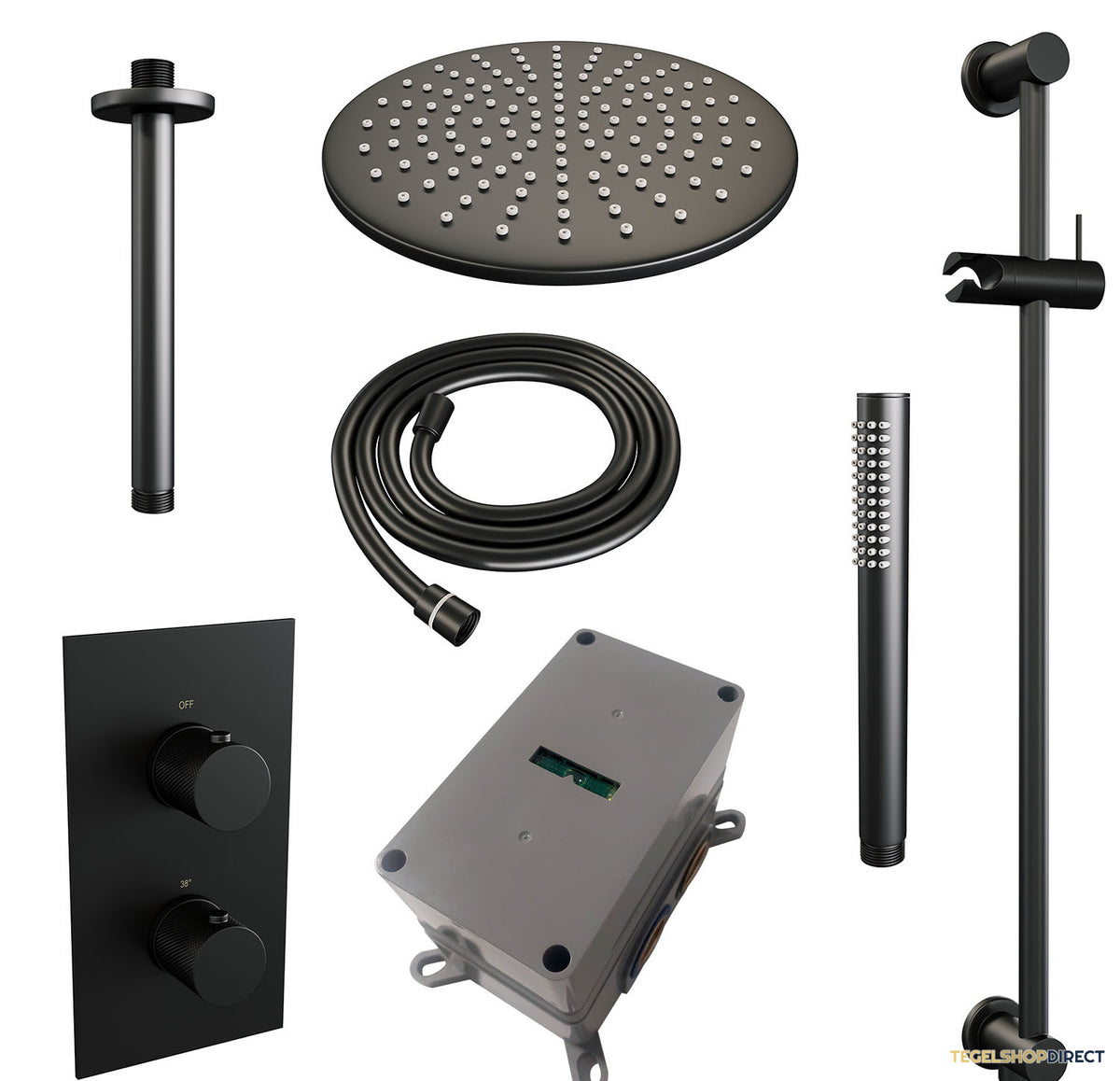 Regendoucheset Inbouw Brauer Black Carving Thermostatisch 30cm met 3-Weg Omstelling, Plafondarm, Glijstang en Staaf Handdouche Mat Zwart – afbeelding 3
