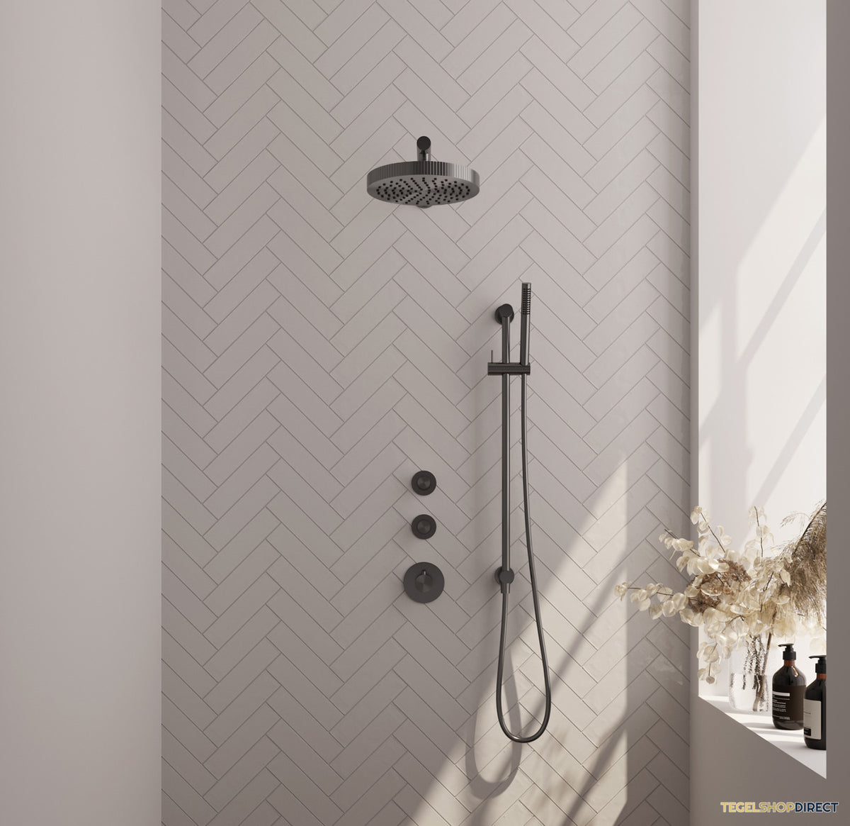 Brauer Stripe thermostatische inbouw regendouche SET 07 met 25 cm douchekop en rechte muurarm en staaf handdouche en doucheslang en geintegreerde glijstang gunmetal geborsteld PVD