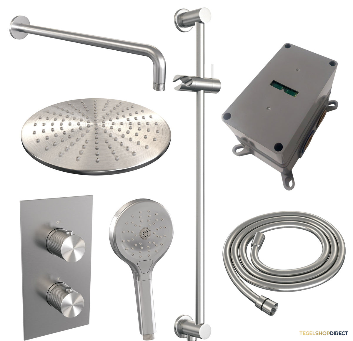 Regendoucheset Inbouw Brauer Brushed Carving Thermostatisch 30cm met 3-Weg Omstelling, Gebogen Wandarm, Glijstang en 3-Standen Handdouche Geborsteld RVS – afbeelding 10