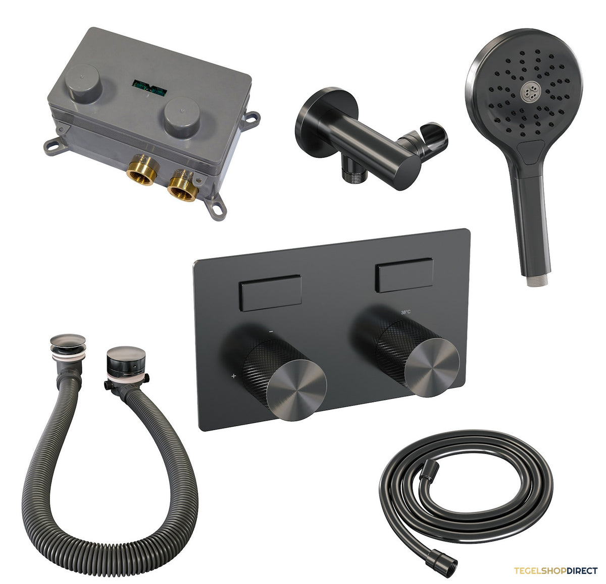 Inbouwthermostaat set Brauer Carving Met Drukknoppen Incl Baduitloop en Afvoer Gunmetal (Keuze Handdouche) – afbeelding 6