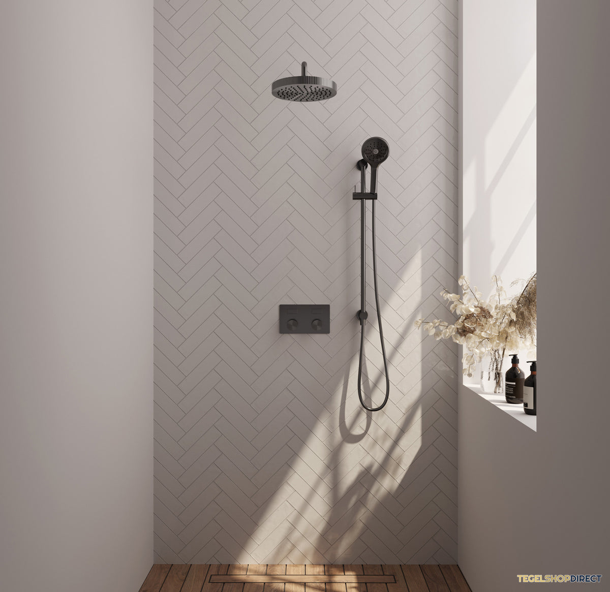Brauer Stripe thermostatische inbouw regendouche met drukknoppen SET 35 met 25 cm douchekop en gebogen muurarm en 3-standen handdouche en doucheslang en geintegreerde glijstang gunmetal geborsteld PVD – afbeelding 2