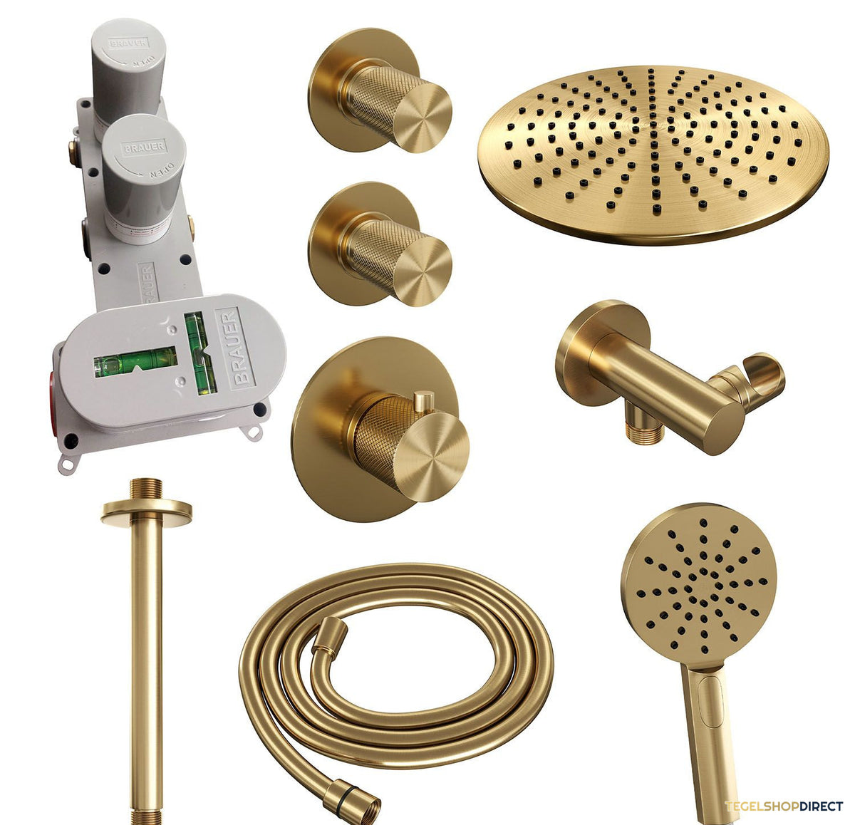 Regendoucheset Inbouw Brauer Gold Carving Thermostatisch 30cm met Plafondarm en Handdouche 3-Standen Losse Stopkranen Geborsteld Goud – afbeelding 4