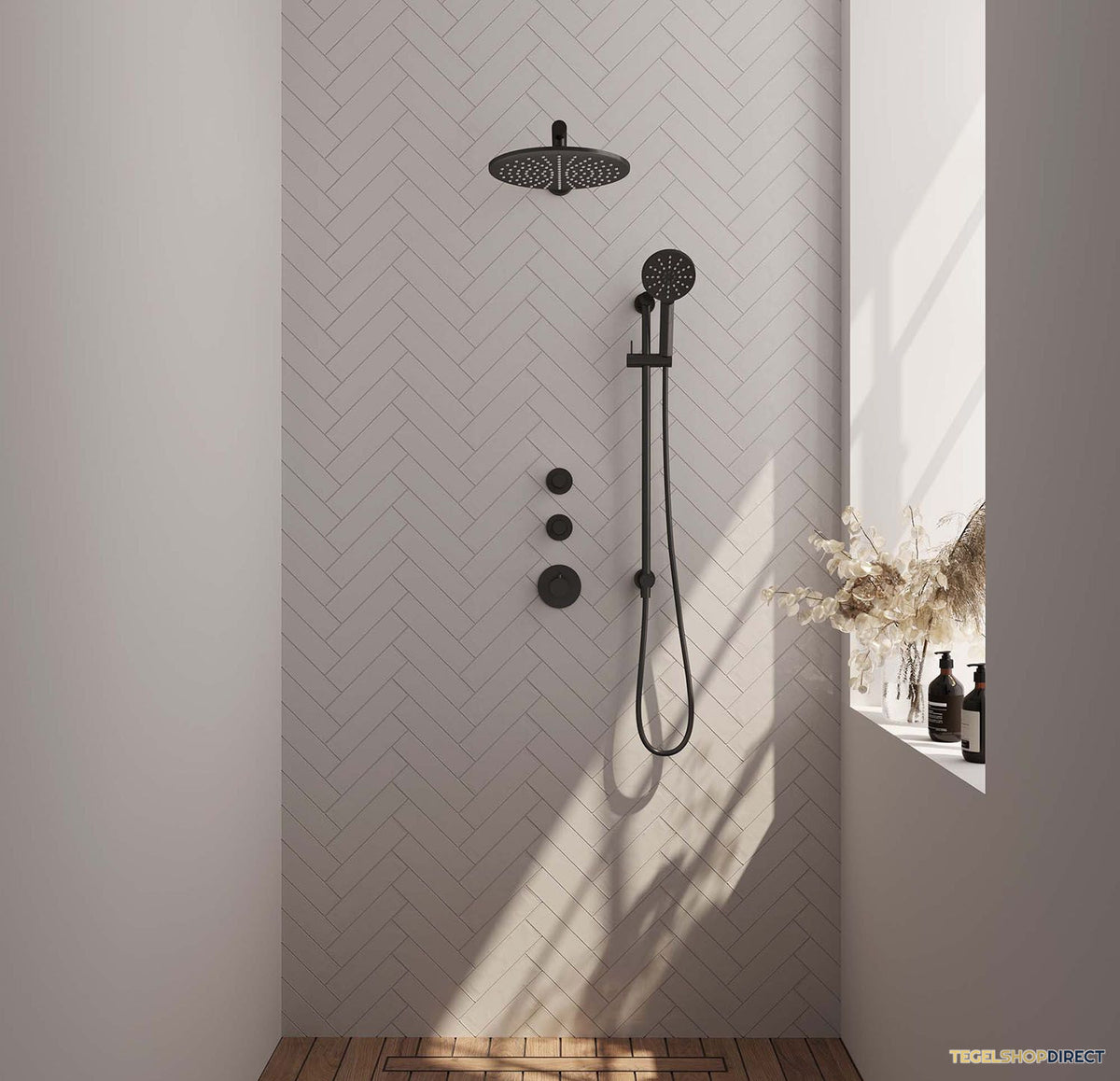 Regendoucheset Inbouw Brauer Black Carving Thermostatisch 30cm met Wandarm, Glijstang en Handdouche 3-Standen Losse Stopkranen Mat Zwart – afbeelding 2