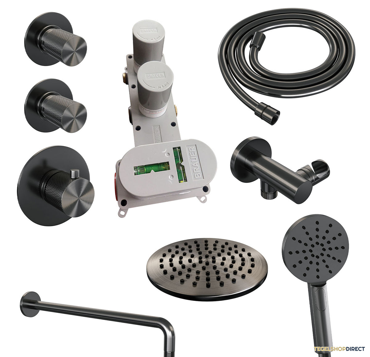 Regendoucheset Inbouw Brauer Gunmetal Carving Thermostatisch 20cm met Gebogen Wandarm en Handdouche 3-Standen Losse Stopkranen Geborsteld Gunmetal – afbeelding 3