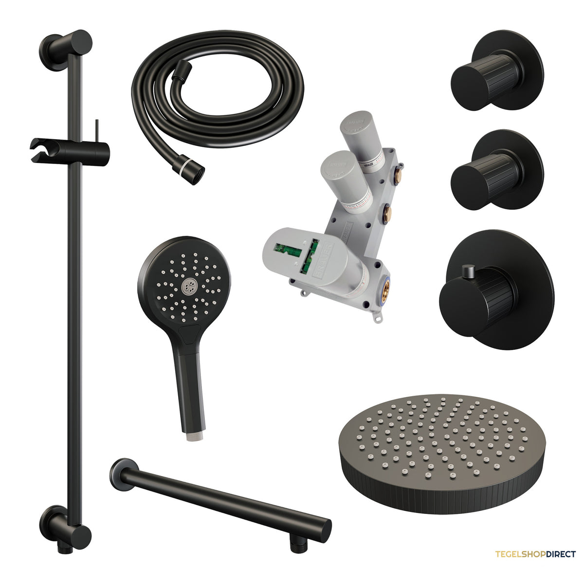 Brauer Stripe thermostatische inbouw regendouche SET 10 met 25 cm douchekop en rechte muurarm en 3-standen handdouche en doucheslang en geintegreerde glijstang mat zwart – afbeelding 3