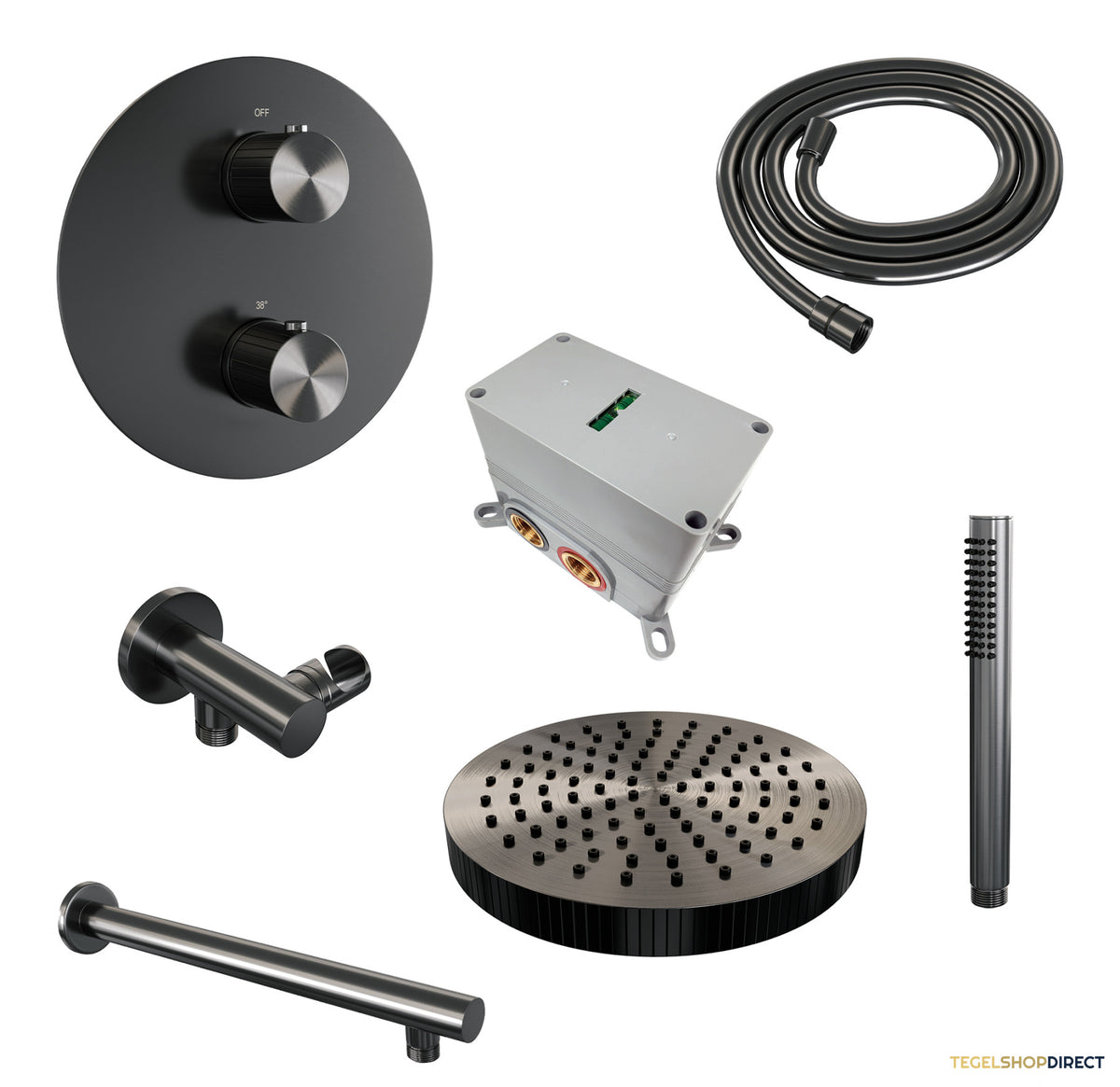 Brauer Stripe thermostatische inbouw regendouche 3-weg rond SET 37 met 25 cm douchekop en rechte muurarm en staaf handdouche en doucheslang en wandaansluitbocht gunmetal geborsteld PVD – afbeelding 3