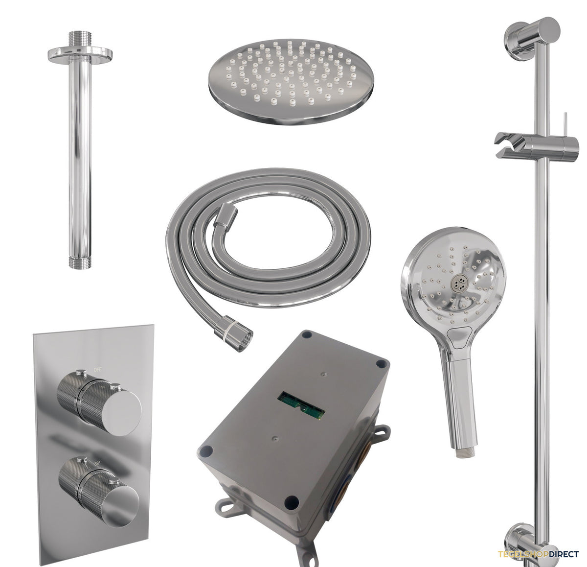 Regendoucheset Inbouw Brauer Chrome Carving Thermostatisch 20cm met 3-Weg Omstelling, Plafondarm, Glijstang en Handdouche-Standen Chroom – afbeelding 11