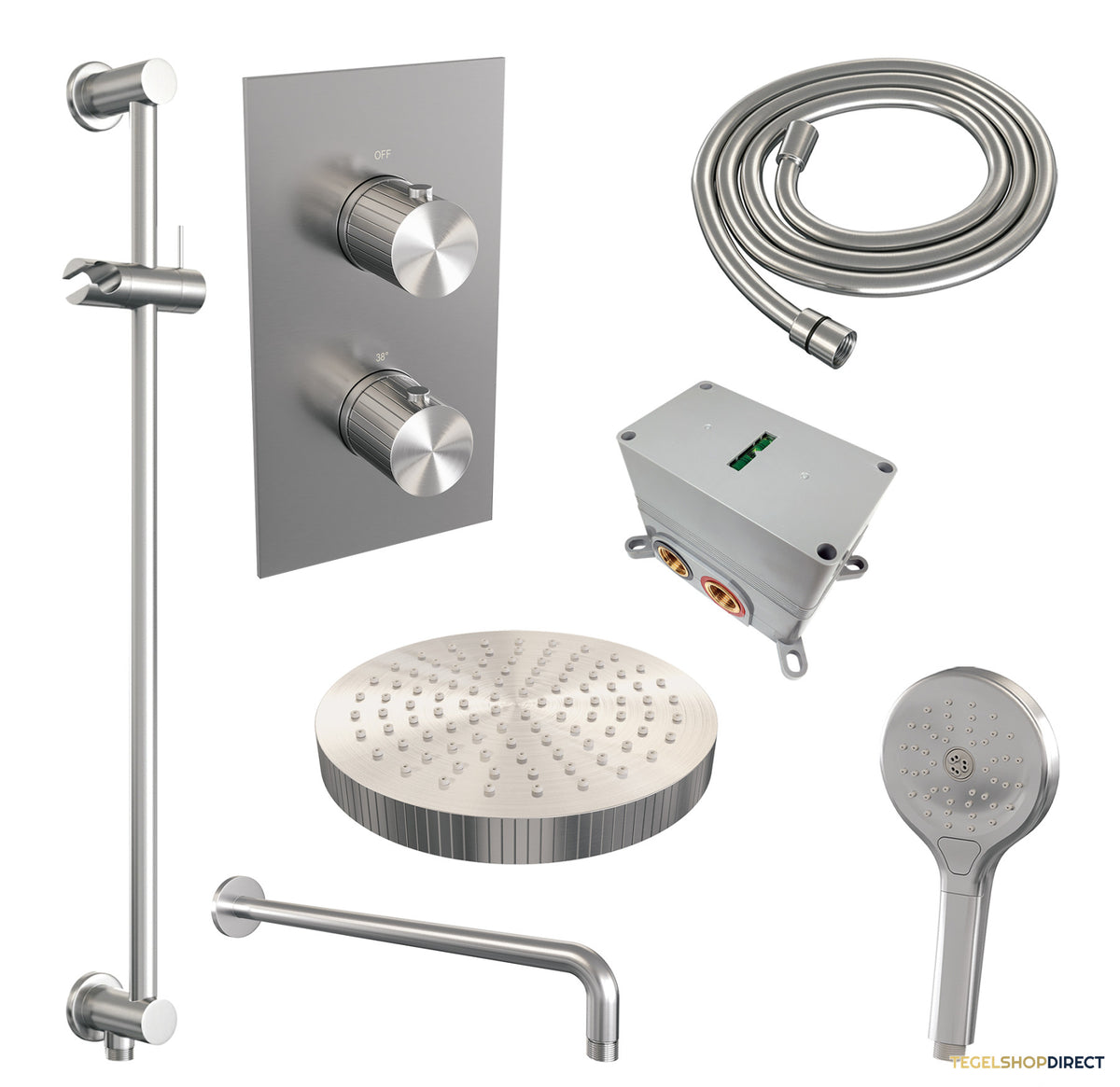 Brauer Stripe thermostatische inbouw regendouche 3-weg rechthoekig SET 23 met 25 cm douchekop en gebogen muurarm en 3-standen handdouche en doucheslang en geintegreerde glijstang RVS-kleurig geborsteld PVD – afbeelding 3