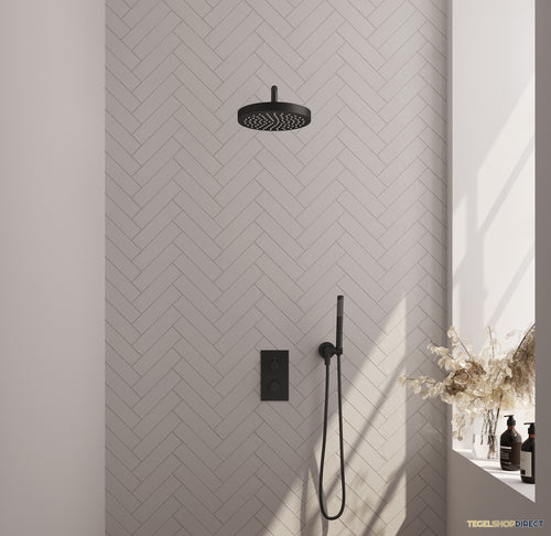 Brauer Stripe thermostatische inbouw regendouche 3-weg rechthoekig SET 14 met 25 cm douchekop en gebogen muurarm en staaf handdouche en doucheslang en wandaansluitbocht mat zwart
