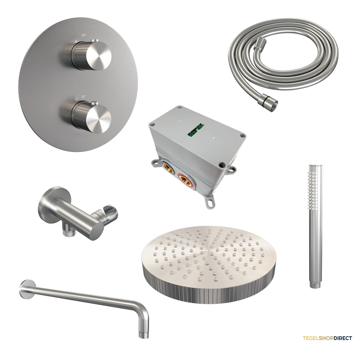 Brauer Stripe thermostatische inbouw regendouche 3-weg rond SET 38 met 25 cm douchekop en gebogen muurarm en staaf handdouche en doucheslang en wandaansluitbocht RVS-kleurig geborsteld PVD – afbeelding 3