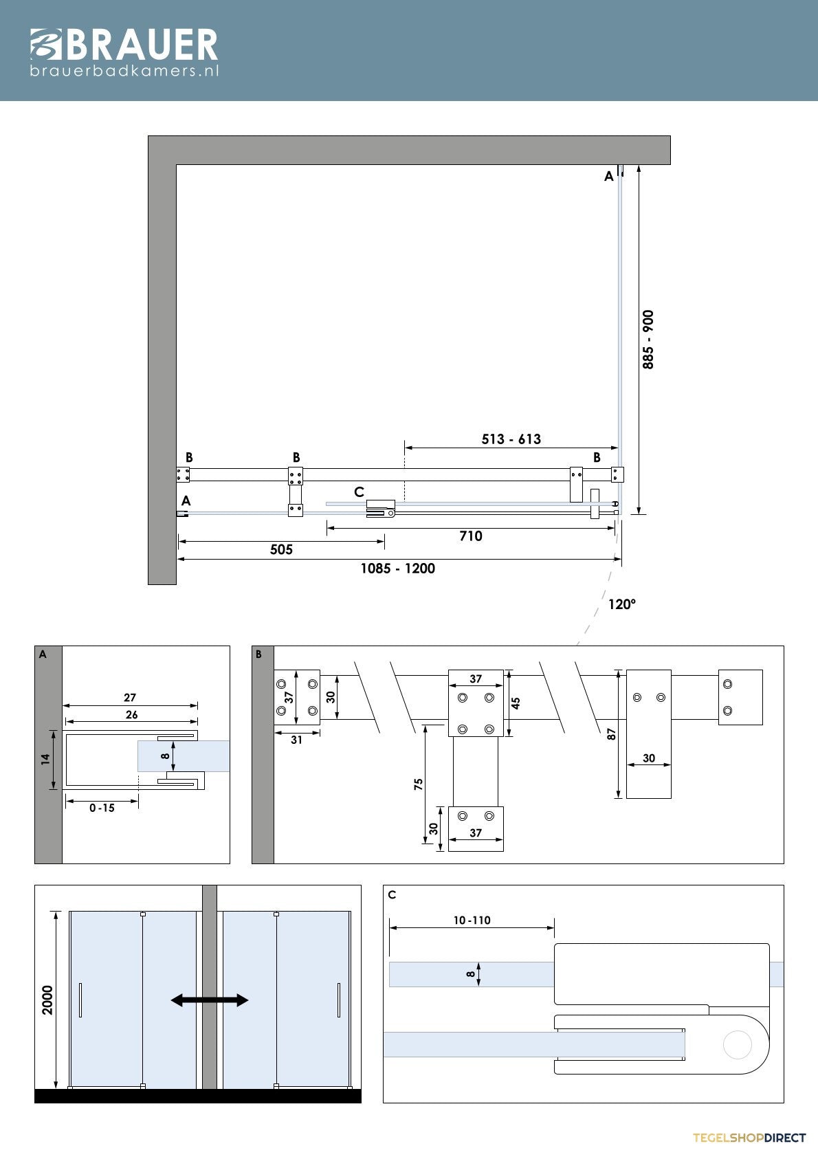 BRAUER Stellar douchecabine met draaideur helder glas 120x90x200 omkeerbaar incl. glascoating PVD RVS-kleurig geborsteld – afbeelding 7
