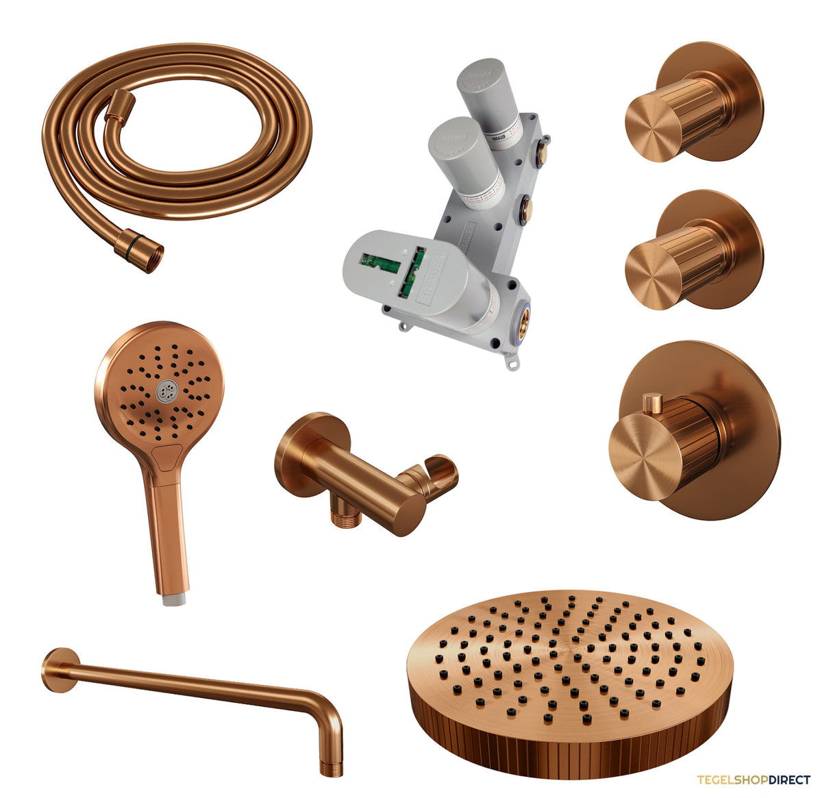 Brauer Stripe thermostatische inbouw regendouche SET 05 met 25 cm douchekop en gebogen muurarm en 3-standen handdouche en doucheslang en wandaansluitbocht koper geborsteld PVD – afbeelding 3