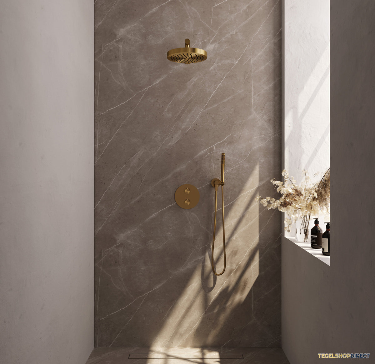 Brauer Stripe thermostatische inbouw regendouche 3-weg rond SET 37 met 25 cm douchekop en rechte muurarm en staaf handdouche en doucheslang en wandaansluitbocht goud geborsteld PVD – afbeelding 2