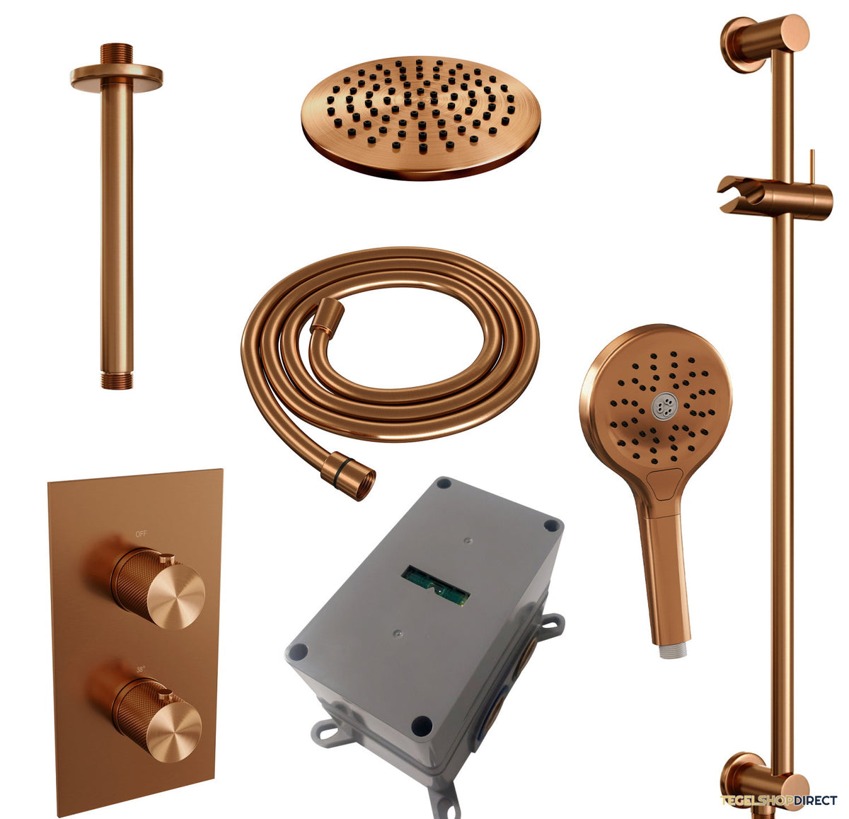 Regendoucheset Inbouw Brauer Copper Carving Thermostatisch 20cm met 3-Weg Omstelling, Plafondarm, Glijstang en Handdouche 3-Standen Geborsteld Koper – afbeelding 4