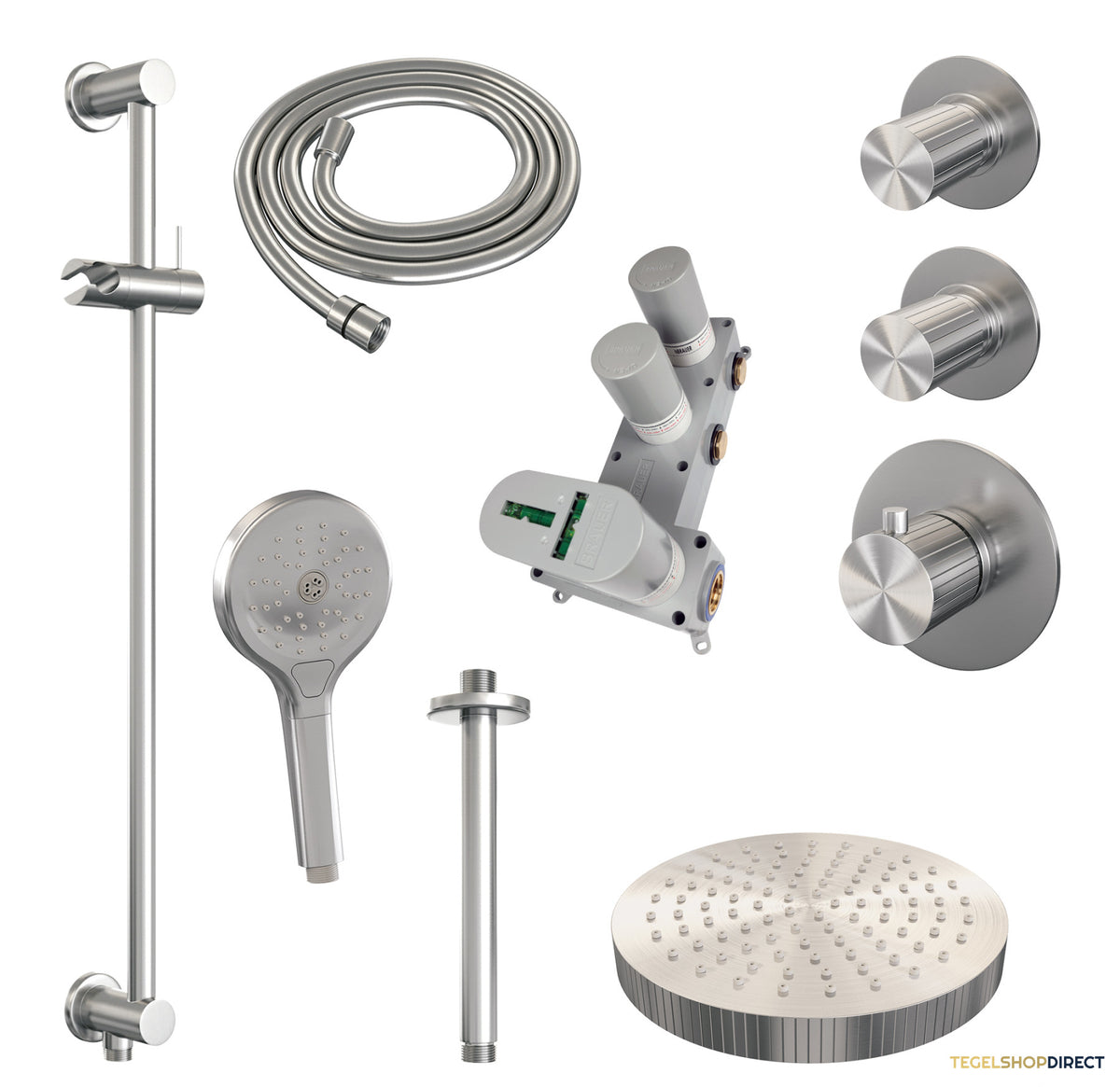 Brauer Stripe thermostatische inbouw regendouche SET 12 met 25 cm douchekop en plafondarm en 3-standen handdouche en doucheslang en geintegreerde glijstang RVS-kleurig geborsteld PVD – afbeelding 3