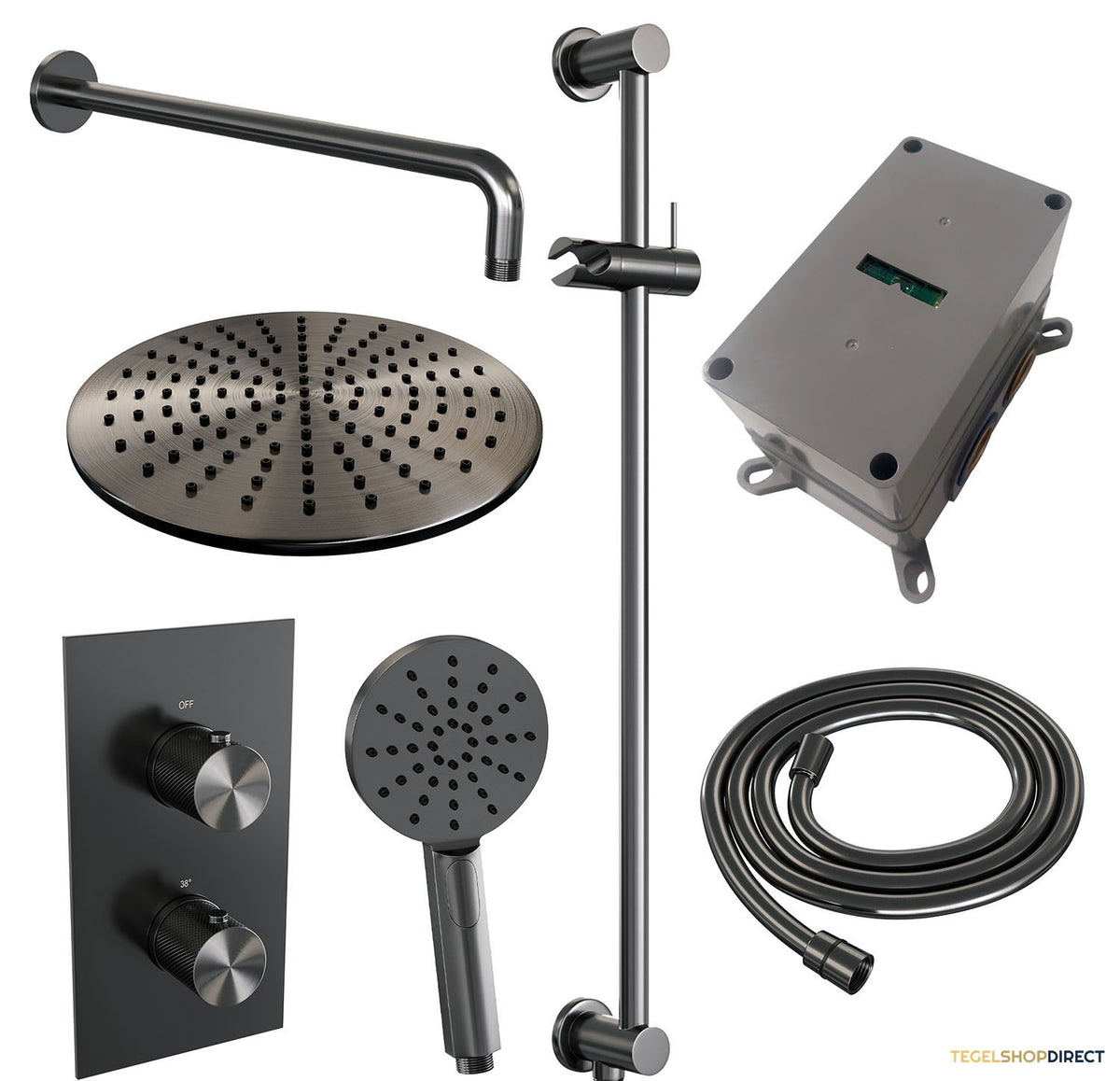 Regendoucheset Inbouw Brauer Gunmetal Carving Thermostatisch 30cm met 3-Weg Omstelling, Gebogen Wandarm, Glijstang en 3-Standen Handdouche Geborsteld Gunmetal – afbeelding 4