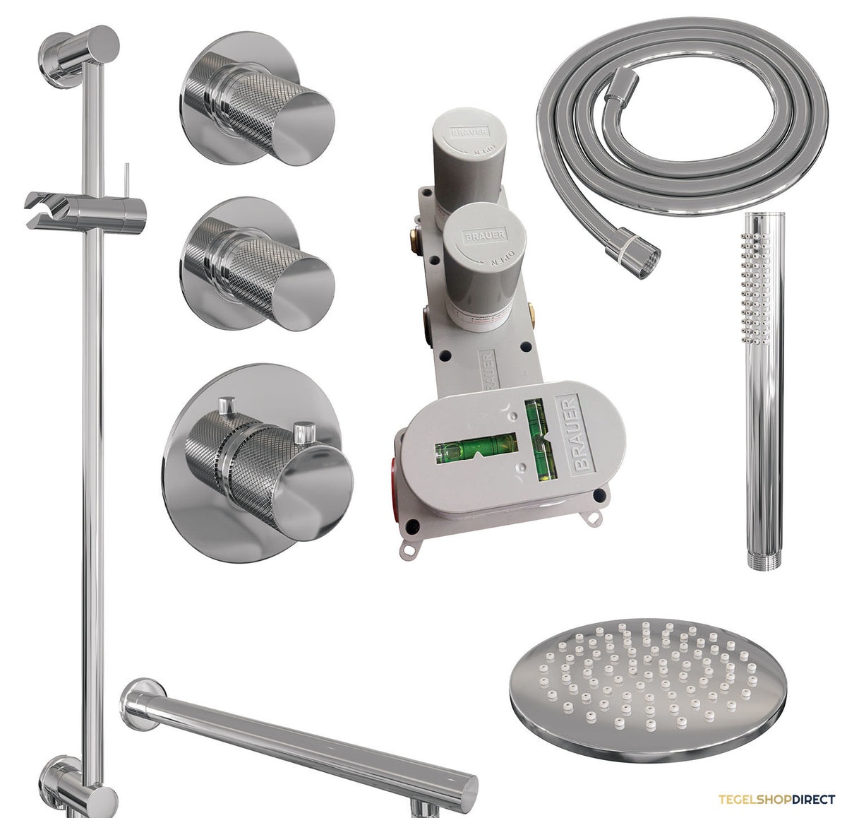 Regendoucheset Inbouw Brauer Chrome Carving Thermostatisch 20cm met Wandarm, Glijstang en Handdouche Staaf Losse Stopkranen Chroom – afbeelding 4