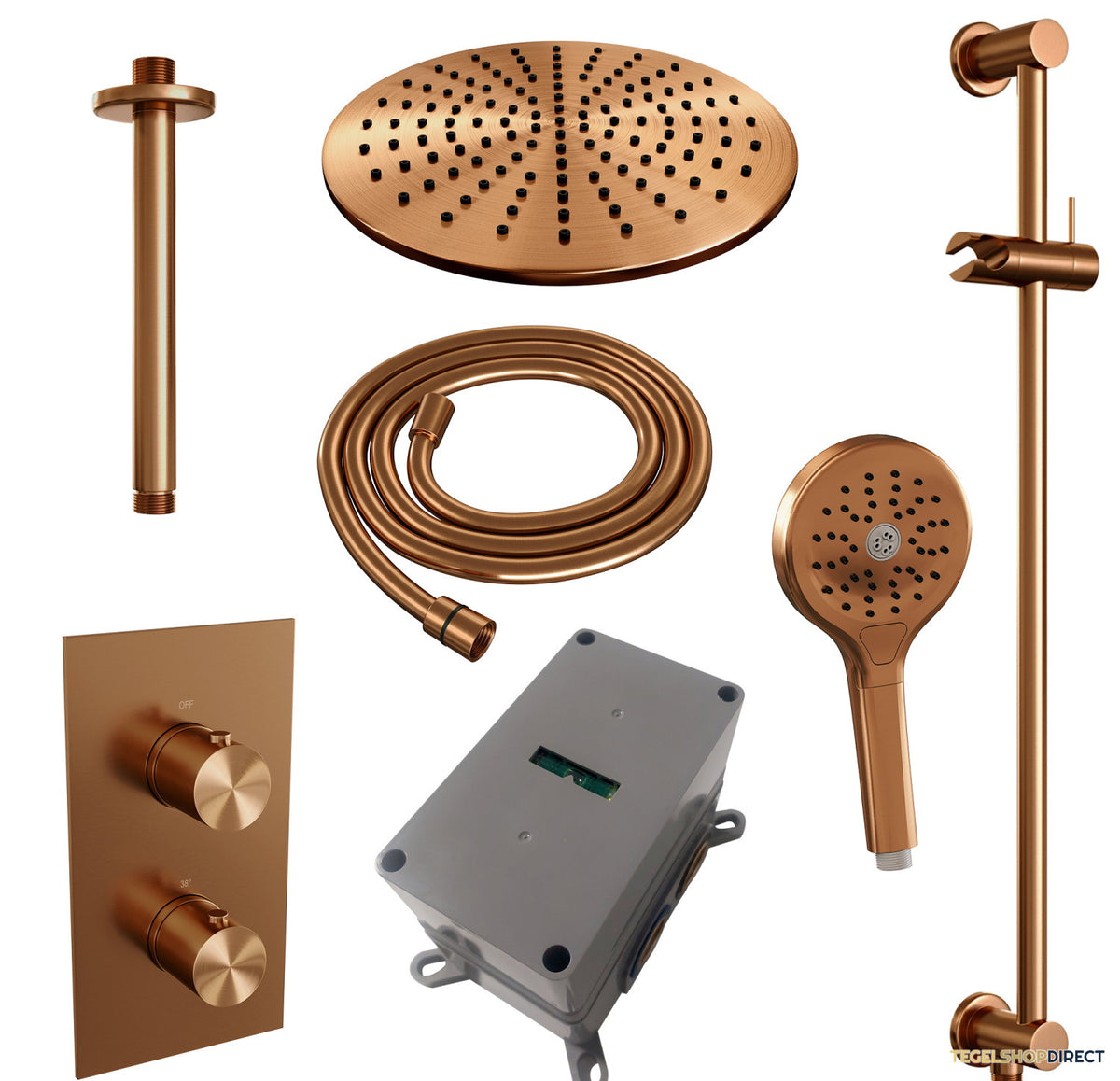 Inbouw Regendouche Set Brauer Copper Edition Plafond Uitloop Ronde Hoofddouche 30 cm Met Glijstang en Handdouche 3 Standen Koper – afbeelding 6
