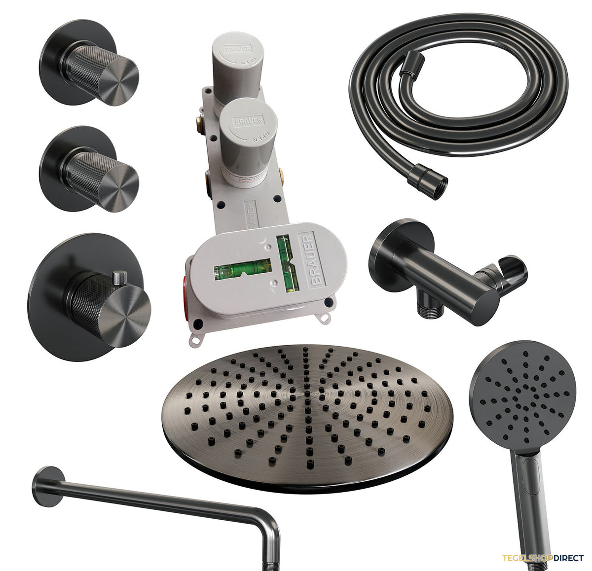 Regendoucheset Inbouw Brauer Gunmetal Carving Thermostatisch 30cm met Gebogen Wandarm en Handdouche 3-Standen Losse Stopkranen Geborsteld Gunmetal – afbeelding 4