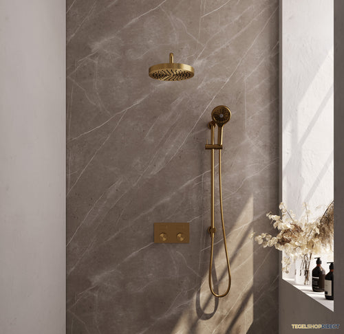 Brauer Stripe thermostatische inbouw regendouche met drukknoppen SET 35 met 25 cm douchekop en gebogen muurarm en 3-standen handdouche en doucheslang en geintegreerde glijstang goud geborsteld PVD