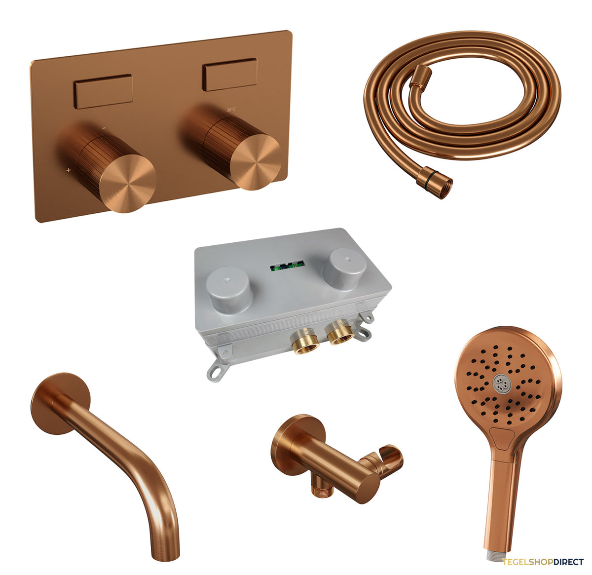 Brauer Stripe thermostatische inbouw badkraan met drukknoppen SET 04 met uitloop en 3-standen handdouche en doucheslang en wandaansluitbocht koper geborsteld PVD – afbeelding 2