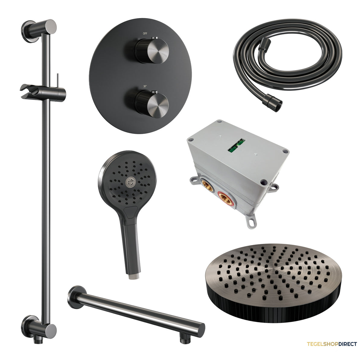 Brauer Stripe thermostatische inbouw regendouche 3-weg rond SET 46 met 25 cm douchekop en rechte muurarm en 3-standen handdouche en doucheslang en geintegreerde glijstang gunmetal geborsteld PVD – afbeelding 3